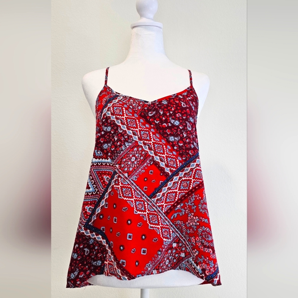 Hollister Summer Aztec Floral Red Blue Patchwork Print Women's Tank Top Size S